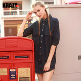 Krazy 2015秋季新品 时髦又省事儿 纯棉竖条纹牛仔长款长袖衬衫女