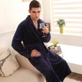 冬季男士法兰绒浴袍加厚珊瑚绒睡袍深蓝色加大码睡衣商务家居服