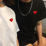 韩版夏季新款Play纯棉刺绣红心圆领短袖T恤男女情侣装上衣打底衫