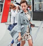 2韩国代购正品cherrykoko春装天蓝色风衣长款系带外套经典款