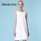 夏季简约无袖背心裙子女直筒修身显瘦A型宽松连衣裙圆领白色短款
