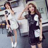 雪纺夏季新款韩版时尚修身显瘦两件套卡通贴布刺绣裙子套装女装