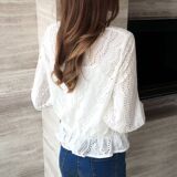 2016夏季新款韩版纯色短袖V领镂空宽松套头荷叶边袖雪纺衫上衣女