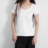 韩国大V领口卷边白纯色棉短袖T恤女2016夏修身简约弹力显瘦打底衫