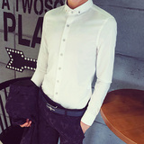 男邦美誉2015春秋新品白色衬衣男士扣领上衣韩版长袖衬衫潮男修身
