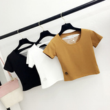 韩版修身短袖T恤女装夏装2016新款潮纯色性感露背镂空短款上服衣