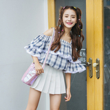 夏季女装韩版小清新宽松休闲一字领吊带衬衫荷叶边雪纺衫上衣学生