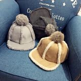 韩国时尚羊羔毛球平沿帽女棒球帽兔毛毛球加厚毛绒针织帽