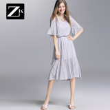 ZK喇叭袖V领镂空蕾丝连衣裙中长款收腰显瘦裙子2016夏季新款女装