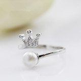 S925纯银戒指日韩版女时尚皇冠珍珠开口戒指 活口对戒首饰品创意
