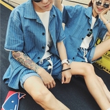韩国风情侣款经典蓝白条纹衬衫男女时尚短袖衬衫休闲衬衣夏装潮