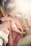 2014冬装新款韩国正品代购 粉色羊羔毛拼接毛呢外套加厚大衣棉衣
