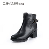 C.BANNER/千百度2015冬上新牛皮金属扣粗跟高跟短靴A5576090