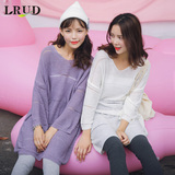LRUD2016秋季新款韩版V领宽松套头罩衫针织衫女镂空中长款打底衫