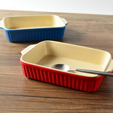 红蓝 长方形焗饭盘 陶瓷双耳盘子 耐高温烤箱焗意面盘 烘焙模具
