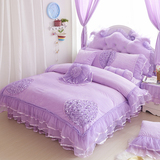 冬季保暖珊瑚绒蕾丝四件套 梦床裙式床上法兰绒紫色公主风被套