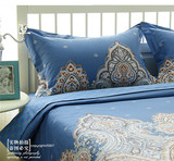 外单复古典民族风3D全棉床上用品4件套/简约中式家纺床品1.5蓝色