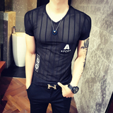 短袖T恤V领男士韩版夏季个性潮流条纹潮透明透视装性感夜店男装DJ