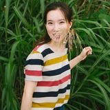自制韩国bf风短袖t恤女夏宽松中长款前短后长个性复古彩色横条纹