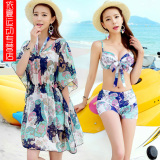 韩国新款复古大码泳衣女三件套比基尼平角保守罩衫大小胸钢托聚拢
