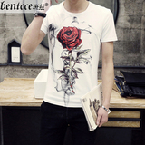 夏装韩版短袖t恤男圆领青少年复古潮流学生男玫瑰印花半袖体恤衫
