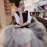 2016春季新款时尚女韩版长袖连衣裙毛衣背心欧根纱蓬蓬裙两件套装