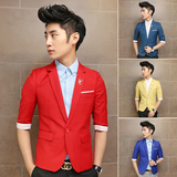 韩版修身大红黄色七分袖小西装男士中袖西服影楼结婚主持礼服外套