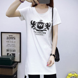 韩版新款纯棉短袖T恤女中长款白色图案印花宽松体恤