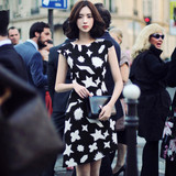 韩版女装 2016夏新款东大门圆领短袖简约显瘦连衣裙 斜边气质短裙