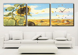 装饰画客厅现代抽象挂画向日葵田园壁画带钟的无框画三幅组合墙画