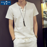 韩版修身亚麻短袖T恤男青年棉麻半袖体恤日系男士大码打底衫衣服