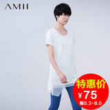Amii短袖T恤女2016夏装新款雪纺拼接纯色中长款外穿打底衫上衣潮