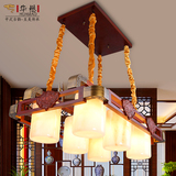 中式简约餐厅吊灯 实木雕花仿云石大吊灯长方形茶餐厅酒店LED吊灯