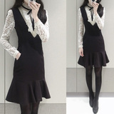 2016秋冬韩版新款蕾丝打底衫上衣两件套高领女长袖鱼尾裙连衣裙