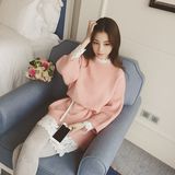 2015秋冬新韩版粉色中长款半高领毛衣女宽松九分袖套头打底针织衫