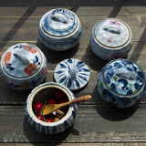 和风四季/釉下彩陶瓷日式手绘蒸蛋盅/甜品碗储物粗陶罐子/调味罐
