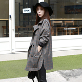 韩国SZ代购2015春装新款韩版休闲修身中长款风衣气质格子外套女装