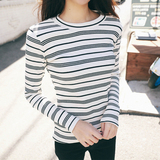 韩国代购女装正品2015秋冬款ellpe简洁素色条纹修身打底衫长袖T恤