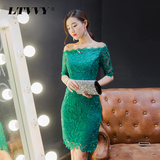 LTVVY女装性感一字领露肩短袖蕾丝连衣裙2016夏季新款韩版包臀裙