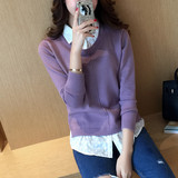2015秋冬装新款韩版假两件针织衫蕾丝衬衫领毛衣外套打底针织衫潮