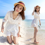 韩国代购2016夏新款度假沙滩短裙收腰显瘦A字裙V领蕾丝镂空连衣裙