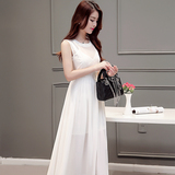 Vrex2016韩版简约纯色透视气质长裙无袖圆领A字裙显瘦雪纺连衣裙