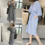 2016夏季新款韩版宽松显瘦竖条纹系带中长款V领七分袖衬衣连衣裙