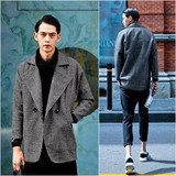 韩国代购男2014秋冬新款韩版英伦个性潮毛呢格子中长款夹克 外套