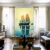 韩国简约大型客厅玄关壁纸壁画 走廊过道墙纸装饰画 竖版油画帆船