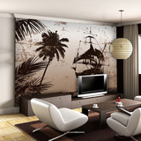 3D简约复古怀旧黑白帆船海岸无缝大型壁画餐厅客厅卧室墙纸壁纸