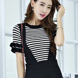 黑白条纹针织衫女夏短袖打底衫套头韩版修身女装上衣薄针织衫夏季