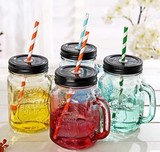 创意渐变彩色梅森玻璃瓶 果汁饮料透明带盖送硬.纸吸管水杯子