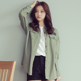 春季韩国BF风中性衬衫大码情侣学生宽松长袖衬衣军绿色女纯棉外套