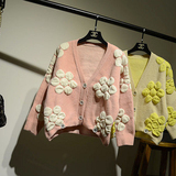 韩国2015秋冬款女清新甜美花朵v领短款针织开衫 羊毛加厚毛衣外套